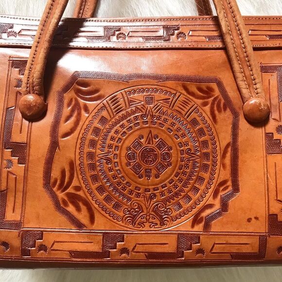 TOOLED BROWN LEATHER 1950’s 50s Mexican Cacti & Donkey Vintage Purse Handbag Bag - Picture 7 of 8